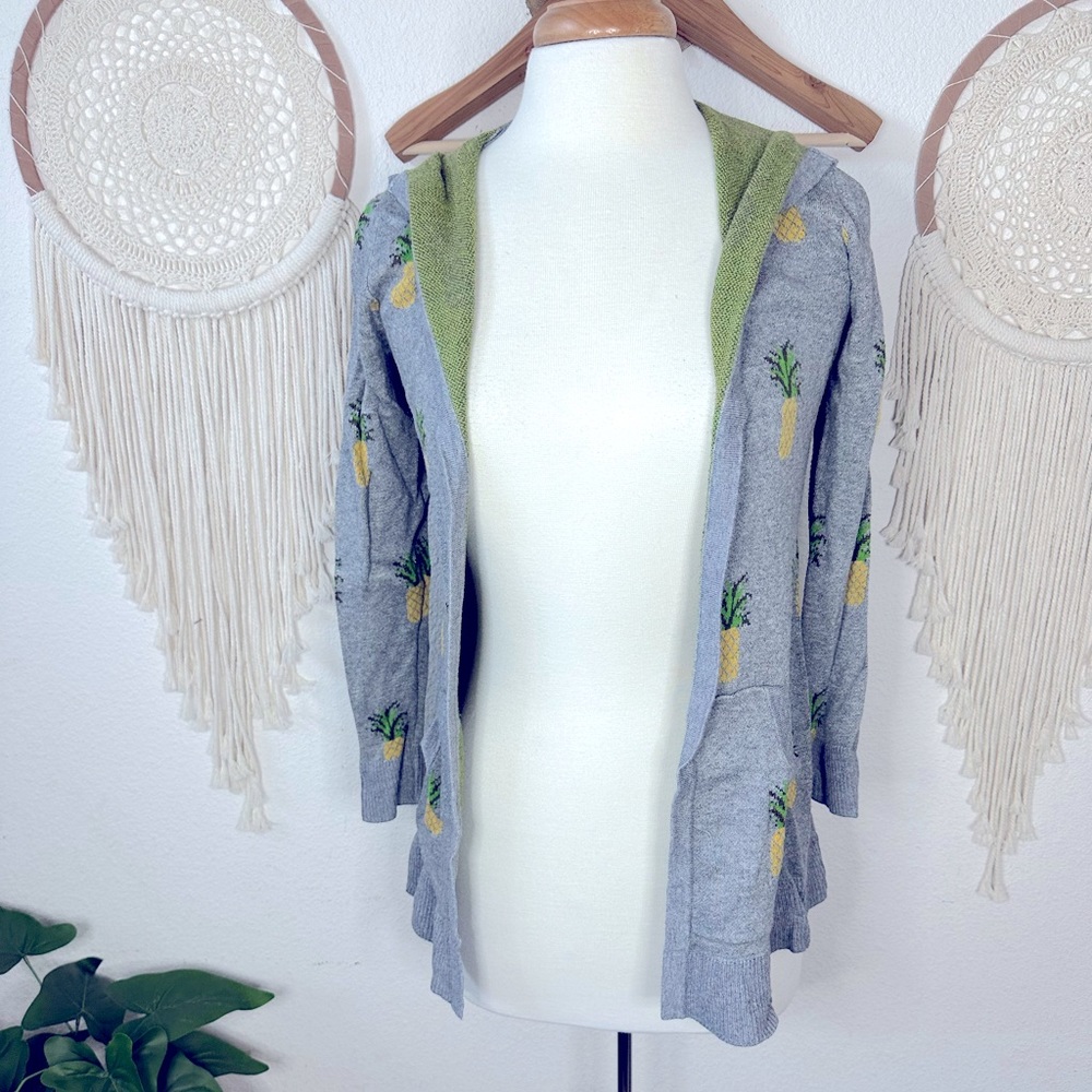 Belldini gray and yellow pineapple print knit open front cardigan hooded small